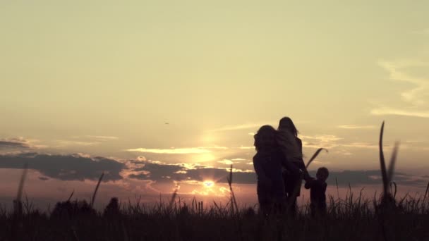 Giovane Madre Con Bambini Che Corrono Campo Tramonto — Video Stock