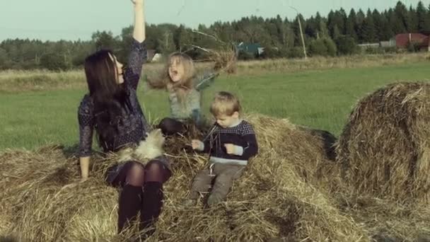 Happy Caucasian Mother Son Daughter Playing Wheat Field — Stock Video