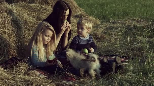 Feliz Jovem Mãe Com Crianças Relaxando Comendo Frutas Campo — Vídeo de Stock