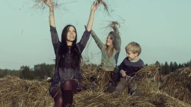 Happy Caucasian Mother Son Daughter Playing Wheat Field — Stock Video
