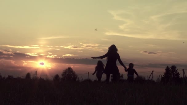 Jovem Mãe Com Crianças Correndo Campo Pôr Sol — Vídeo de Stock