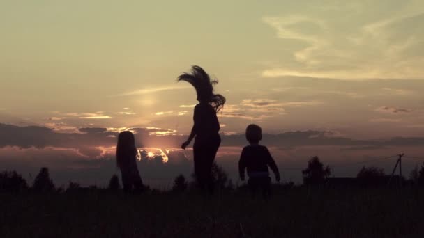 Jovem Mãe Com Crianças Correndo Campo Pôr Sol — Vídeo de Stock