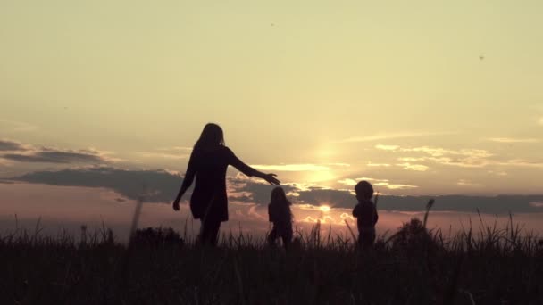 Young Mother Children Running Field Sunset — Stock Video