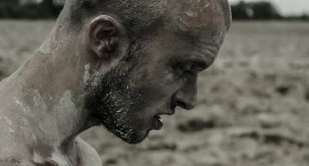 Detailní Pohled Portrét Muže Špinavou Tváří — Stock video