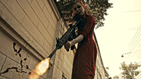 Cabeza Roja Vampiro Femenino Calle Urbana Con Pistola — Foto de Stock