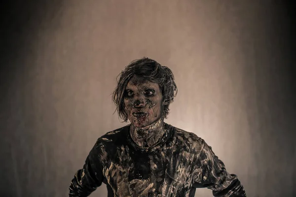 Scary Zombie Man Posing Foggy Background Backlit — Stock Photo, Image
