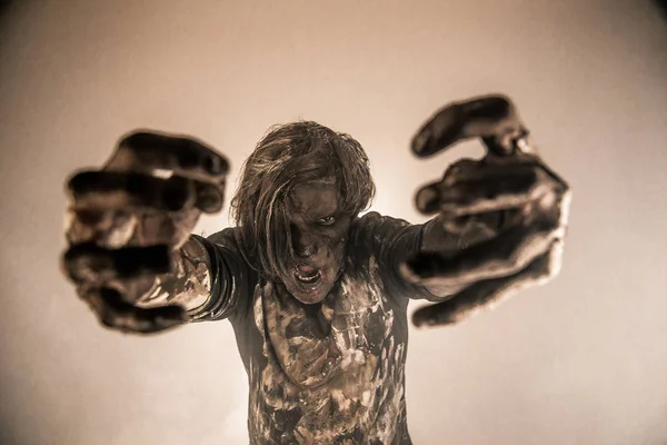 Creepy Zombie Man Posing Misty Background Backlit — Stock Photo, Image