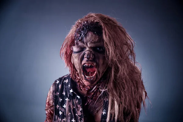 Scary Zombie Woman Posing Dark Misty Background — Stock Photo, Image