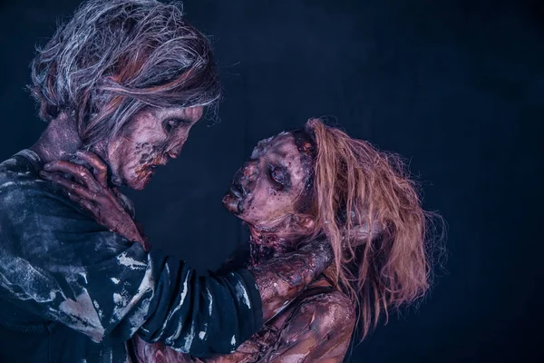 Zombie Couple Posing Together Misty Dark Background — Stock Photo, Image