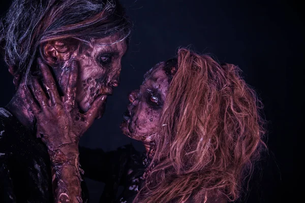 Zombie Couple Posing Together Misty Dark Background — Stock Photo, Image