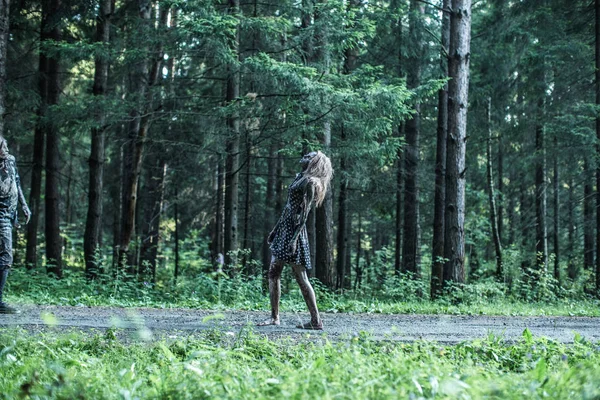 Zombie Man Woman Posing Together Forest — Stock Photo, Image