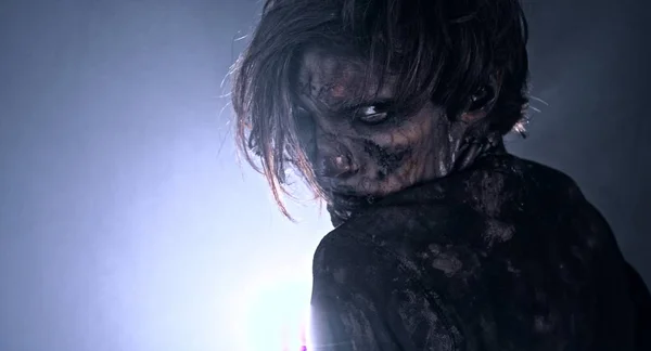 Scary Zombie Man Posing Dark Misty Background Backlight — Stock Photo, Image