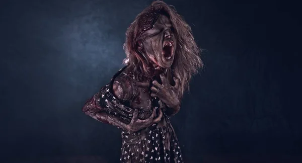 Creepy Zombie Woman Posing Dark Background — Stock Photo, Image