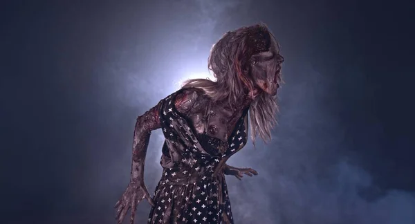 Creepy Zombie Woman Posing Dark Background — Stock Photo, Image