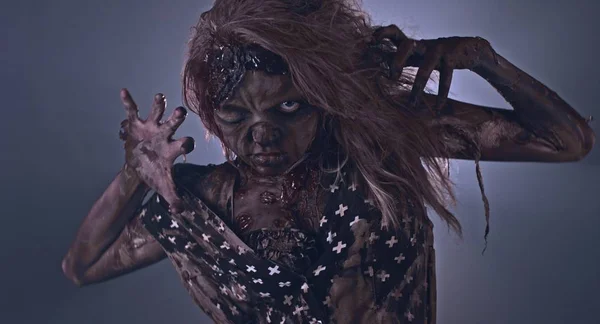 Creepy Zombie Woman Posing Dark Background — Stock Photo, Image