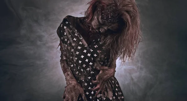 Scary Zombie Woman Posing Dark Background Backlight — Stock Photo, Image