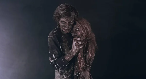 Portrait Tender Zombie Couple Hugging Together Dark Background — Stock Photo, Image