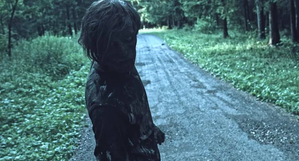 Closeup Portrait Scary Zombie Man Posing Forest Path — Stock Photo, Image