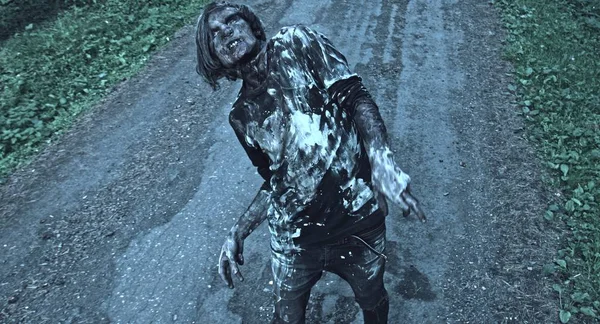 Skrämmande Zombie Man Poserar Skogsstigen — Stockfoto