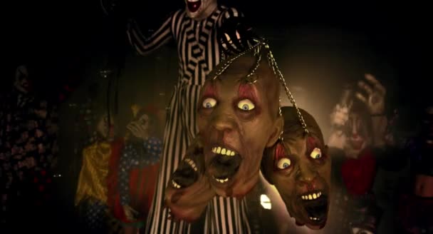 Klaun Mečem Sekání Hlav Strašidelné Klauni Halloween Party Koncept — Stock video