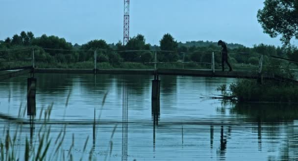 Scary Zombie Man Crossing Bridge — Stock Video