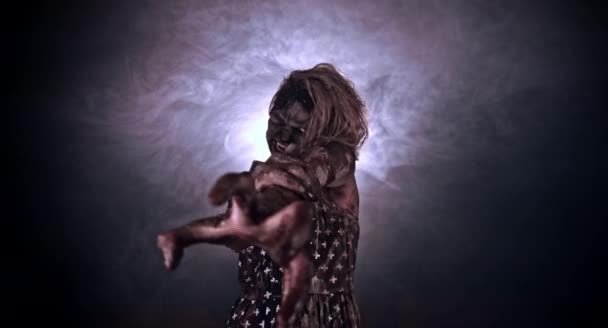 Scary Zombie Woman Posing Dark Misty Background — Stock Video