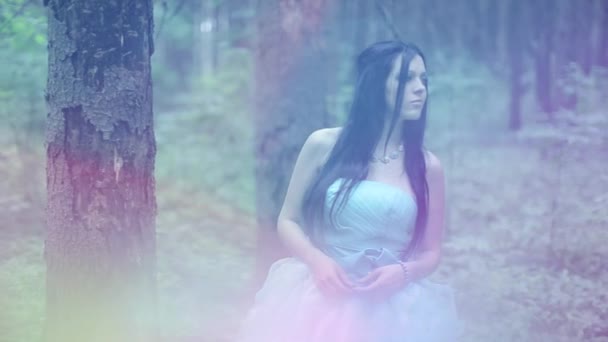 Кадри Жінкою Красивій Сукні Позує Лісі — стокове відео