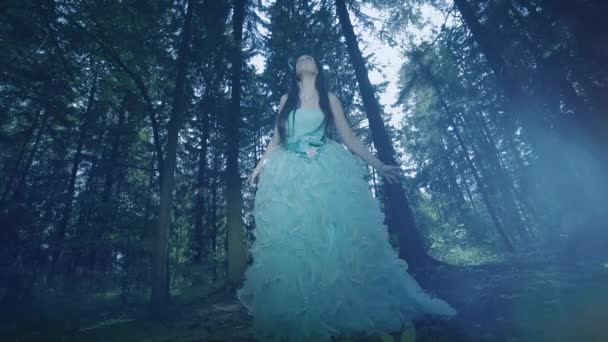 Filmación Con Mujer Hermoso Vestido Posando Bosque — Vídeo de stock