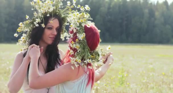 여성이 Wreathes 화창한 밀밭에서 — 비디오