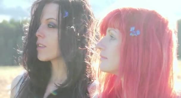 Två Vackra Kvinnor Med Blommor Håret Vetefält Solig Dag — Stockvideo
