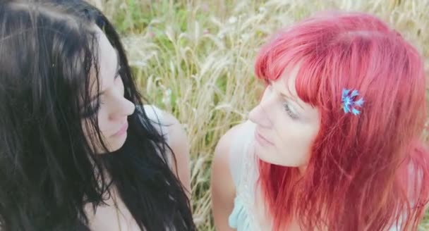 Dos Hermosas Mujeres Con Flores Pelo Campo Trigo Día Soleado — Vídeo de stock