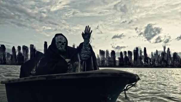 Two Persons Wearing Creepy Masks Floating Boat Surreal City Background — Stock Video