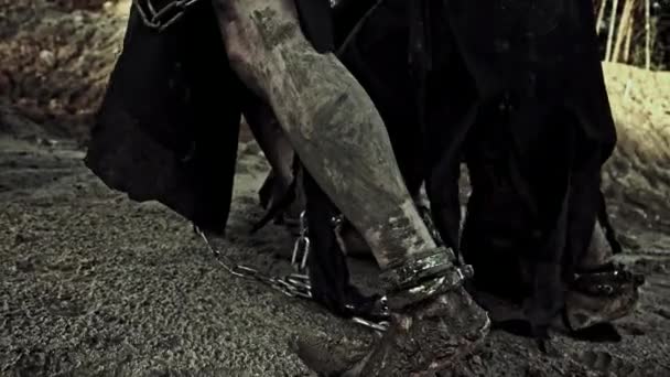 Cropped Image Dirty Male Slaves Chains Pushing Weight Sands — Stock Video