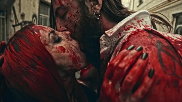 Two Covered Blood Vampires Kissing City Street Dead Bodies — Stock Video