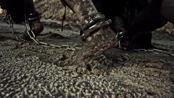 Cropped Image Dirty Male Slaves Chains Pushing Weight Sands — Stock Video