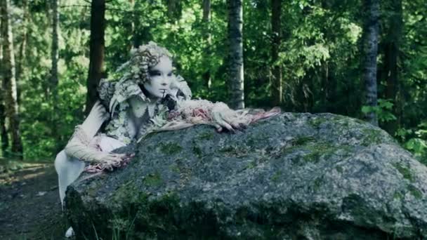 Concept Fantastique Belle Femme Fée Couché Sur Rocher Dans Forêt — Video