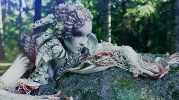 Fantasy Concept Beautiful Fairy Woman Lying Rock Forest — Stock Video