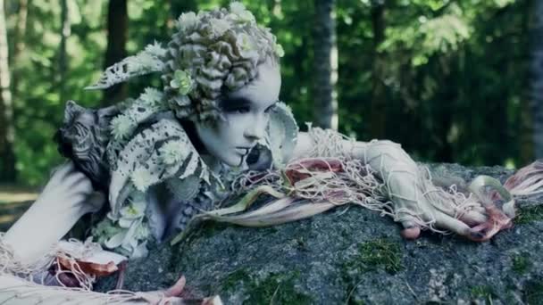 Fantasy Concept Beautiful Fairy Woman Lying Rock Forest — Stock Video