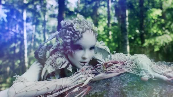 Fantasy Concept Beautiful Fairy Woman Lying Rock Forest — Stock Video