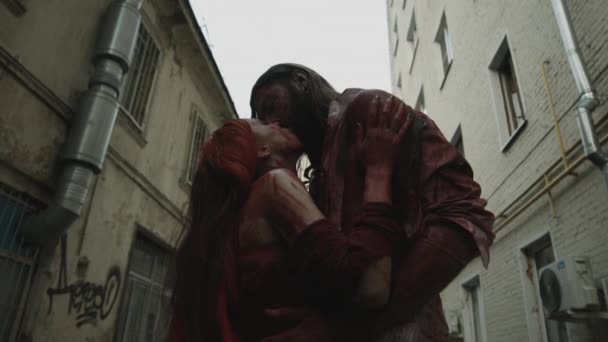 Two Covered Blood Vampires Kissing City Street Dead Bodies — Stock Video