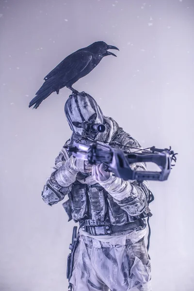 Male Hunter Mask Crossbow Raven Looking Optical Sight — Stock Photo, Image
