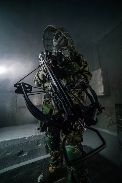 Hunter Man Camouflage Crossbow Posing Dark Background — Stock Photo, Image