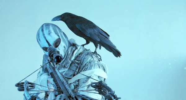 Cazador Máscara Con Ballesta Moderna Cuervo Posando Sobre Fondo Azul — Foto de Stock