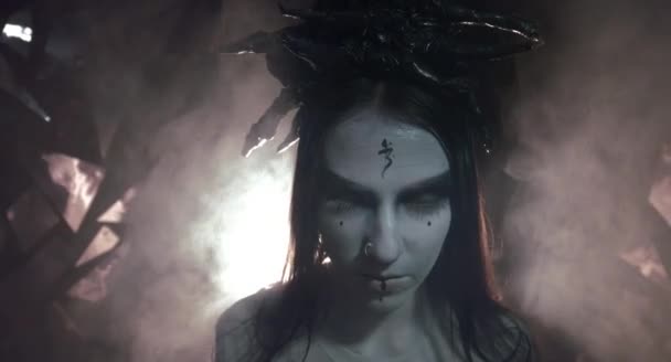 Concept Woman Wreath Possessed Demons Posing Background Broken Glass — Stock Video