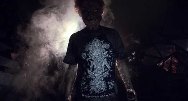 Concept Man Possessed Demons Posing Background Broken Glass — Stock Video