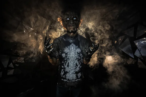 Portrait Man Demon Mask Posing Background Broken Glass — Stock Photo, Image