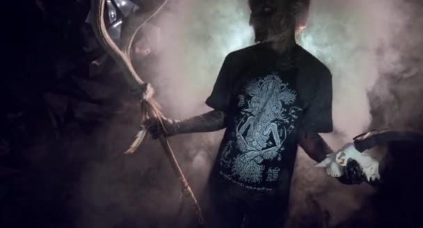 Concept Man Possessed Demons Holding Ritual Skull Horn — Stock Video