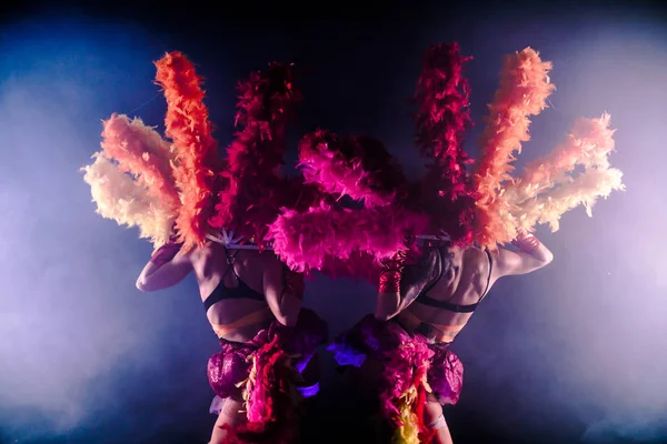 Unga Burkdansare Med Pom Poms Poserar Tillsammans Karnevalskoncept Mot Dimmig — Stockfoto