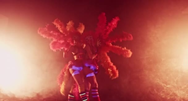 Beautiful Young Can Can Dancers Pom Poms Dancing Together Carnival — Stock Video