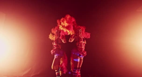 Krásné Mladé Ženy Bambulky Vystupují Společně Konceptu Karneval — Stock video